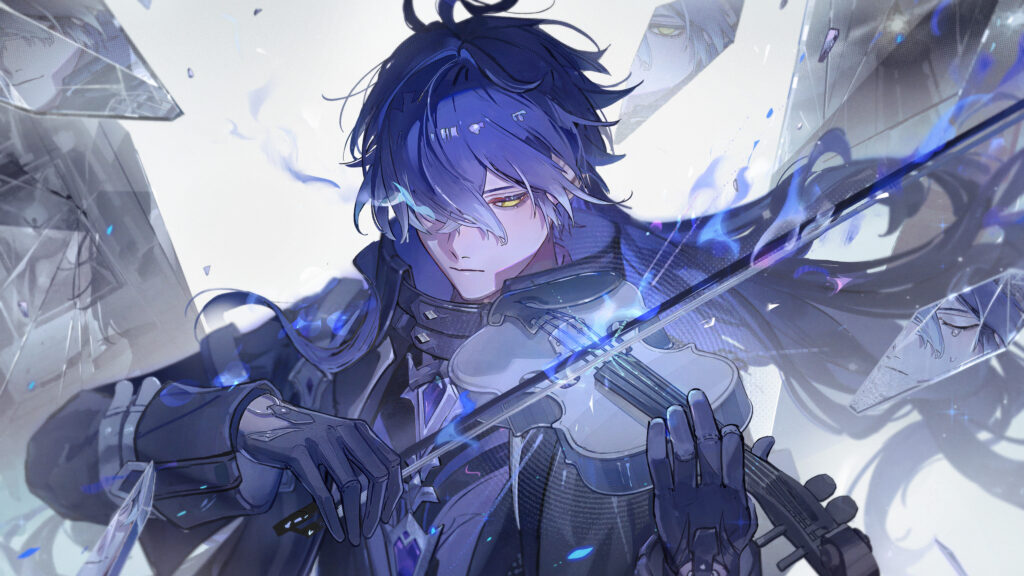 原神Flins 蓝发男子 小提琴 破碎特效 冷色调 5k