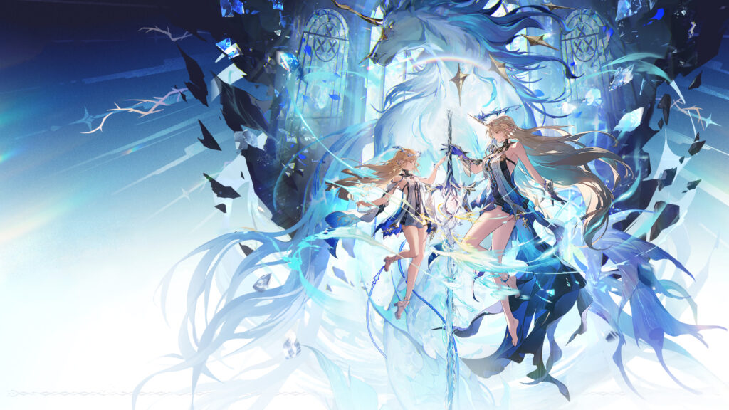 双生少女 幻光独角兽 水晶世界 金发 蓝白衣裙 拱门 4k