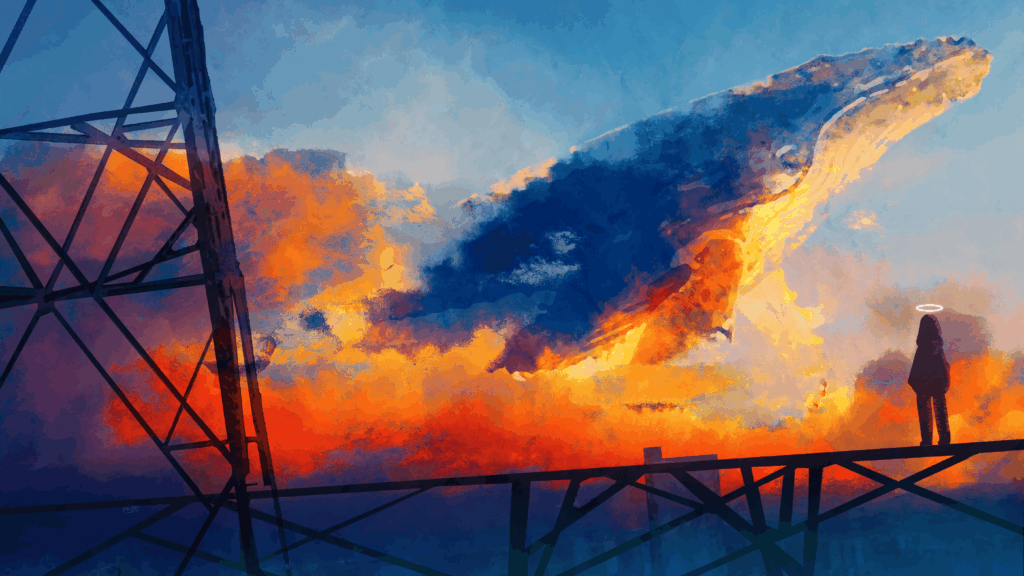 巨鲸 天空 光环少女 奇幻 橙蓝渐变 孤寂 梦幻 5k