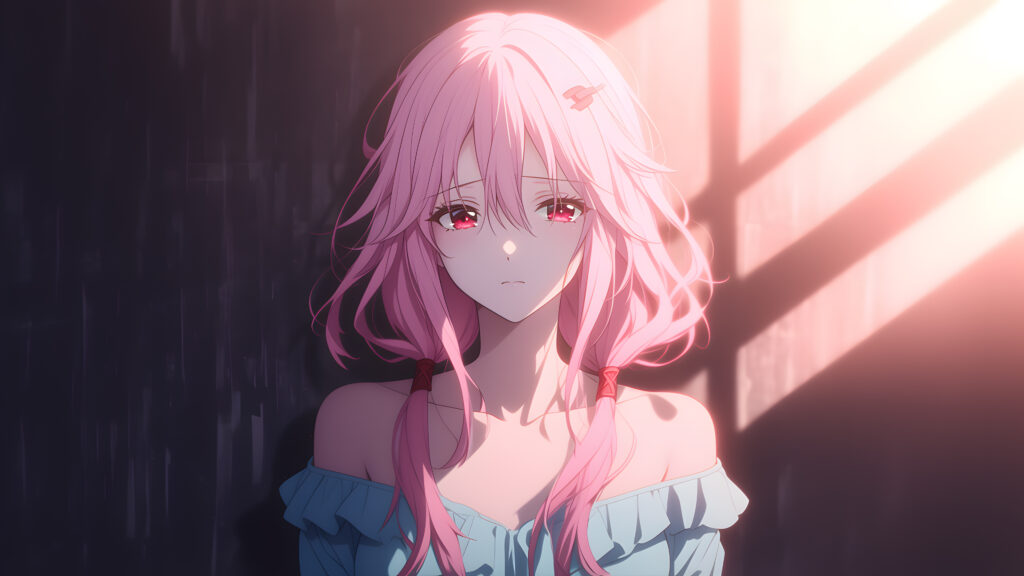 楪祈 粉色长发 红色眼眸 淡蓝色露肩上衣 4k