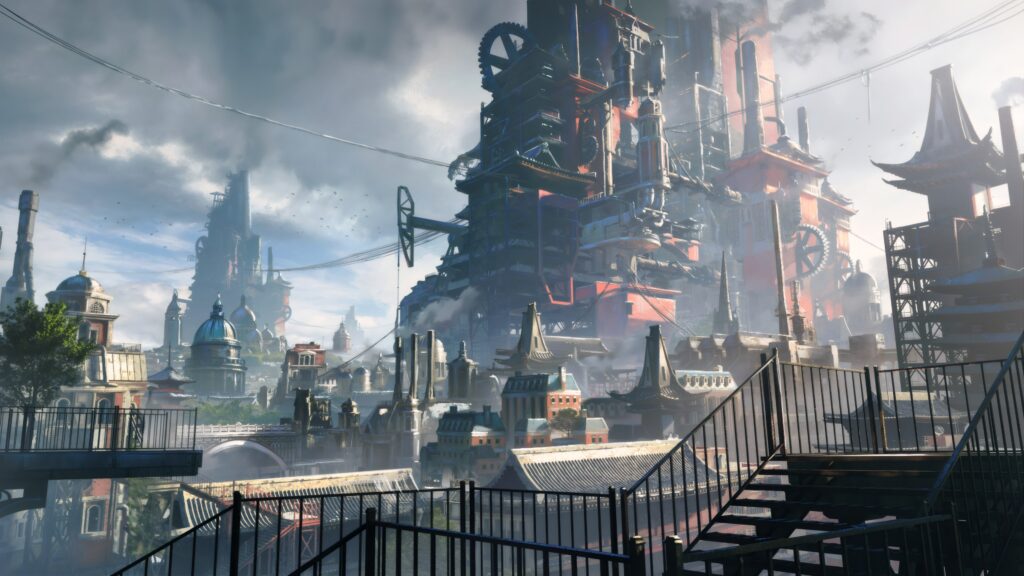 蒸汽朋克 工厂 云 黑烟 电缆 楼梯 齿轮 管道 4k