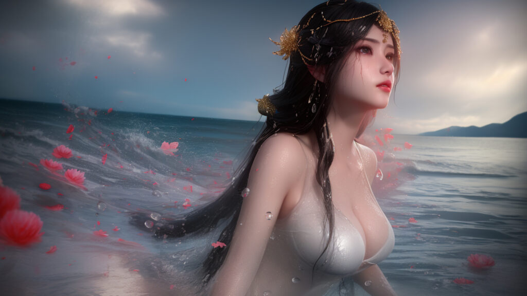AI女性 白色抹胸 浪花 粉花瓣 黑色长发 金色发饰 4k