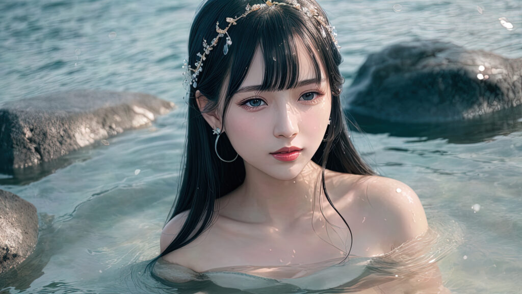 AI水中少女 黑色长发 耳环 礁石 蓝白调 4k
