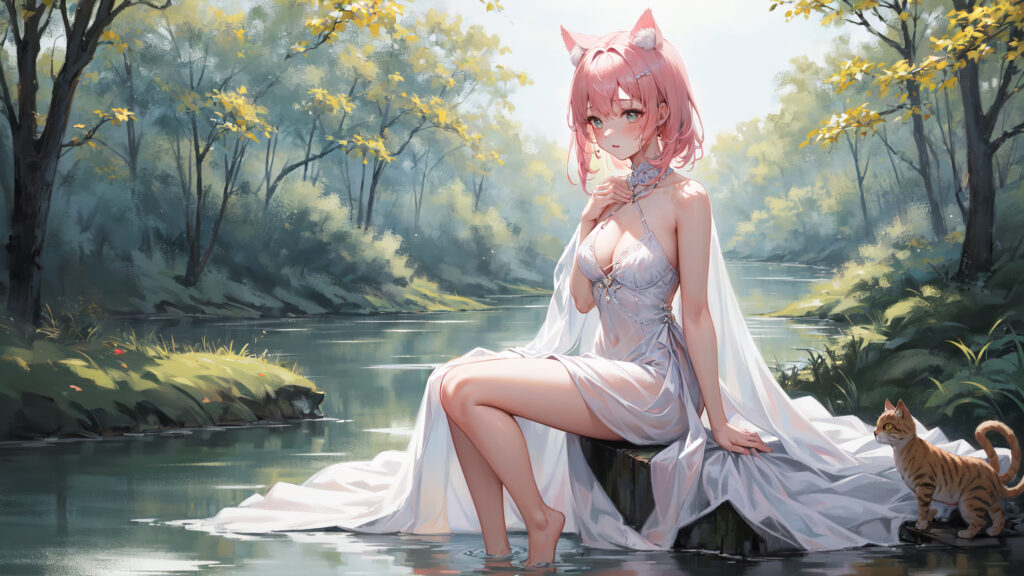 AI粉色猫耳少女 河畔 橘猫 白色吊带裙 赤足 森林 溪流 4k