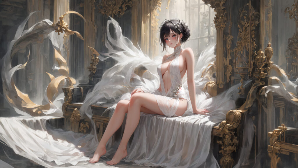 AI美女 欧式宫廷 华丽座椅 白色性感礼服 薄纱 赤足 4k