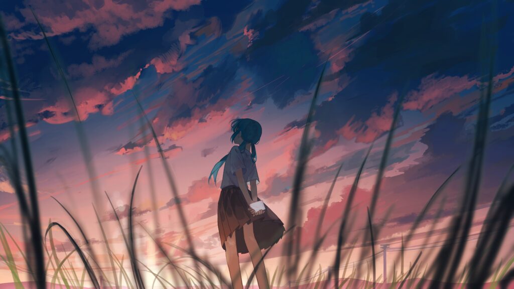 初音未来 蓝色长发 双马尾 校服 裙子 草地 天空 4k