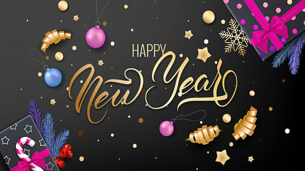 新年快乐 金色花体字 节日装饰 礼盒 彩带 彩纸 5k